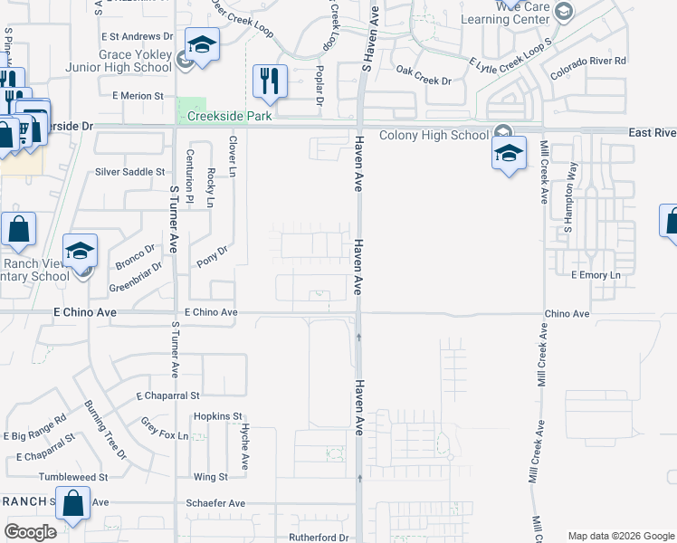 map of restaurants, bars, coffee shops, grocery stores, and more near 13210 South Haven Avenue in Ontario