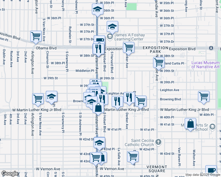 map of restaurants, bars, coffee shops, grocery stores, and more near 3914 South Harvard Boulevard in Los Angeles
