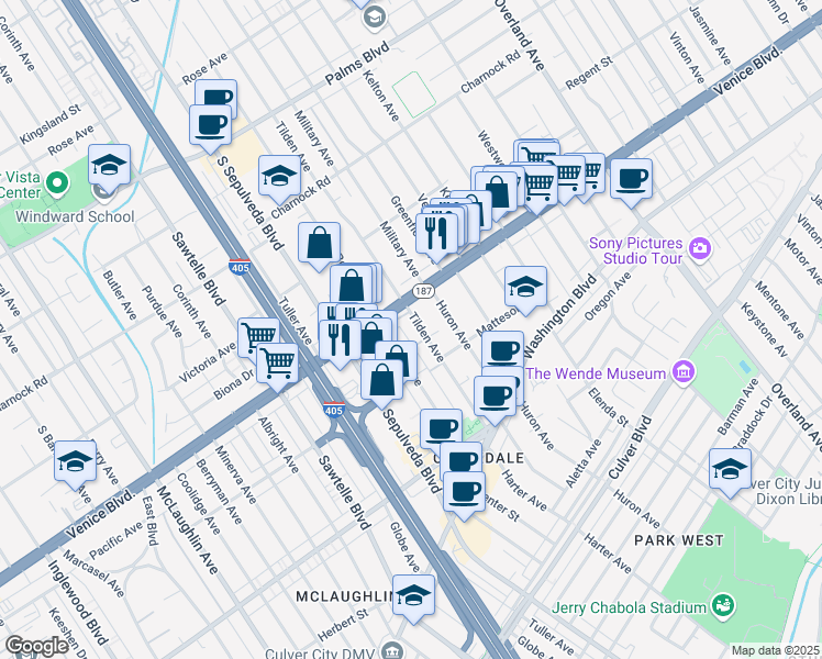 map of restaurants, bars, coffee shops, grocery stores, and more near 11028 Venice Boulevard in Culver City