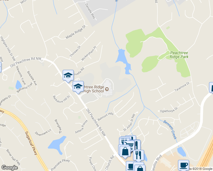 map of restaurants, bars, coffee shops, grocery stores, and more near 1555 Old Peachtree Road Northwest in Suwanee