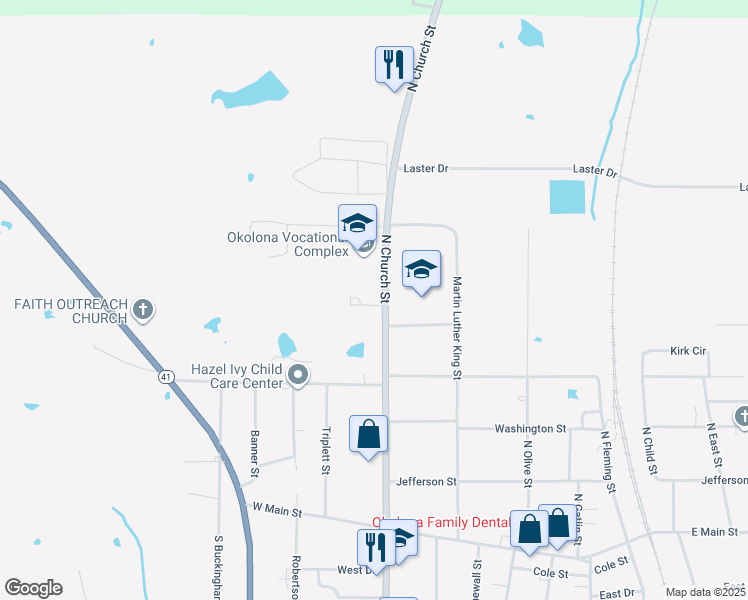 map of restaurants, bars, coffee shops, grocery stores, and more near 501-599 North Church Street in Okolona