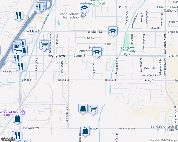 map of restaurants, bars, coffee shops, grocery stores, and more near 7287 Olive Grove Street in Riverside