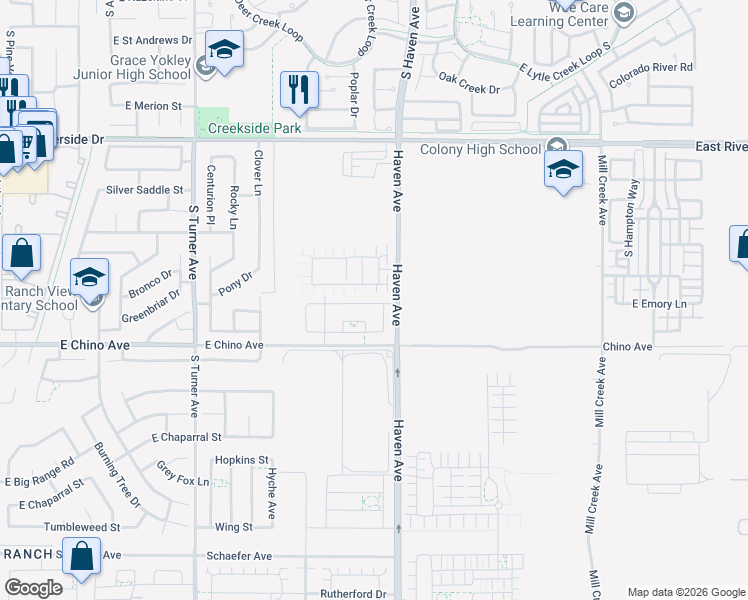 map of restaurants, bars, coffee shops, grocery stores, and more near 13210 South Haven Avenue in Ontario