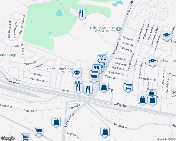 map of restaurants, bars, coffee shops, grocery stores, and more near 17341 Azalea Court in La Puente