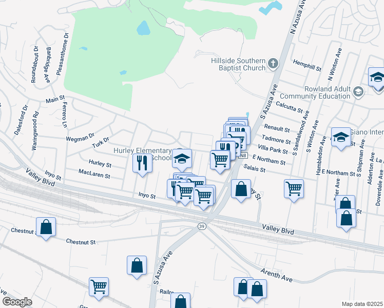 map of restaurants, bars, coffee shops, grocery stores, and more near 17300 Azalea Court in La Puente