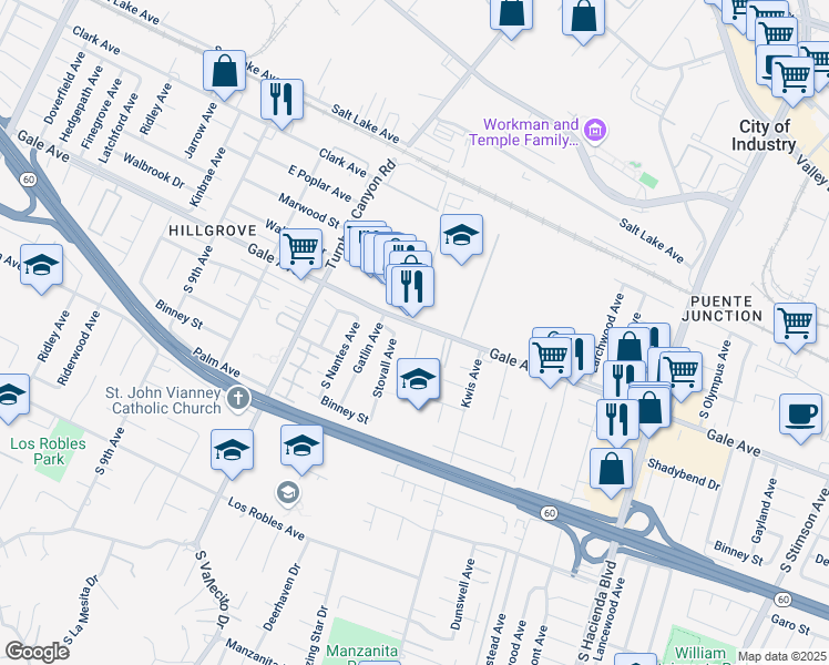 map of restaurants, bars, coffee shops, grocery stores, and more near 15353 Gale Avenue in Hacienda Heights