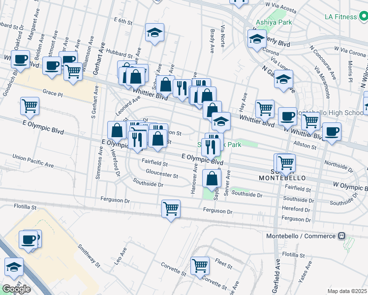 map of restaurants, bars, coffee shops, grocery stores, and more near 6123 East Easton Street in East Los Angeles