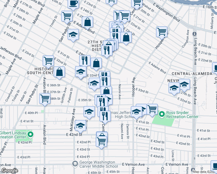 map of restaurants, bars, coffee shops, grocery stores, and more near 1141 East 33rd Street in Los Angeles