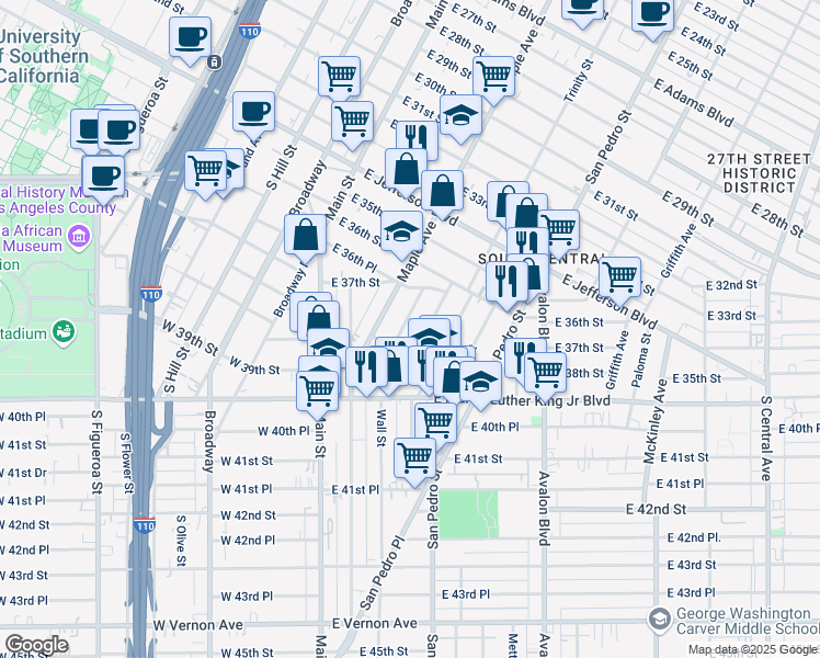 map of restaurants, bars, coffee shops, grocery stores, and more near 3728 Wall Street in Los Angeles