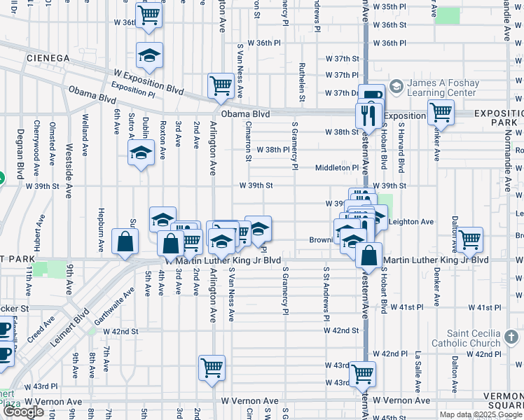 map of restaurants, bars, coffee shops, grocery stores, and more near 1907 West 39th Place in Los Angeles