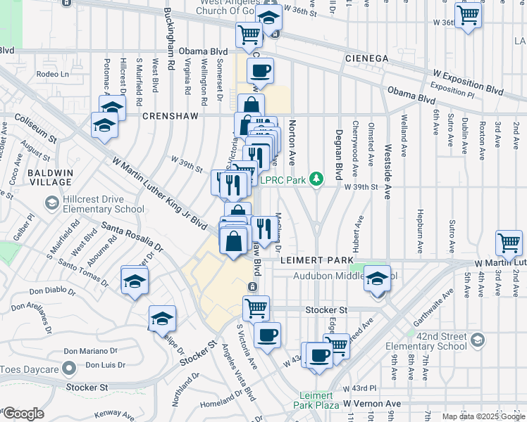 map of restaurants, bars, coffee shops, grocery stores, and more near 218 Crenshaw Boulevard in Los Angeles