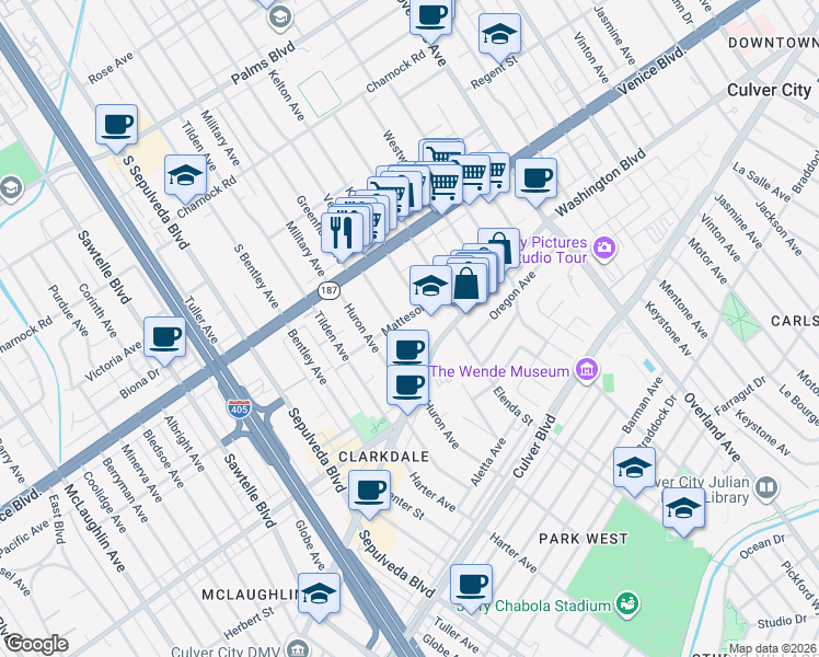 map of restaurants, bars, coffee shops, grocery stores, and more near 3864 Prospect Avenue in Culver City