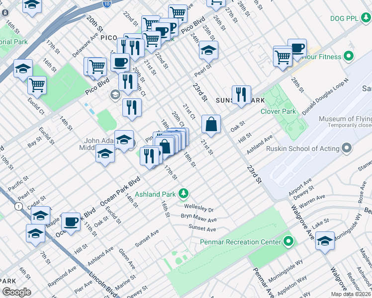 map of restaurants, bars, coffee shops, grocery stores, and more near 2516 18th Court in Santa Monica