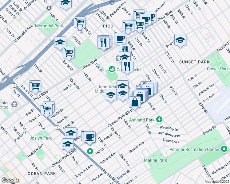 map of restaurants, bars, coffee shops, grocery stores, and more near 1520 Pearl Street in Santa Monica
