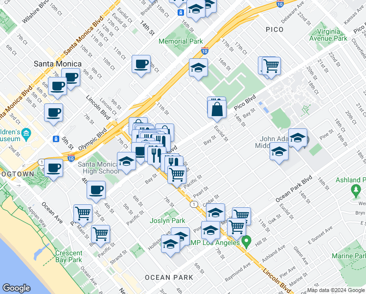 map of restaurants, bars, coffee shops, grocery stores, and more near 1013 Pico Boulevard in Santa Monica