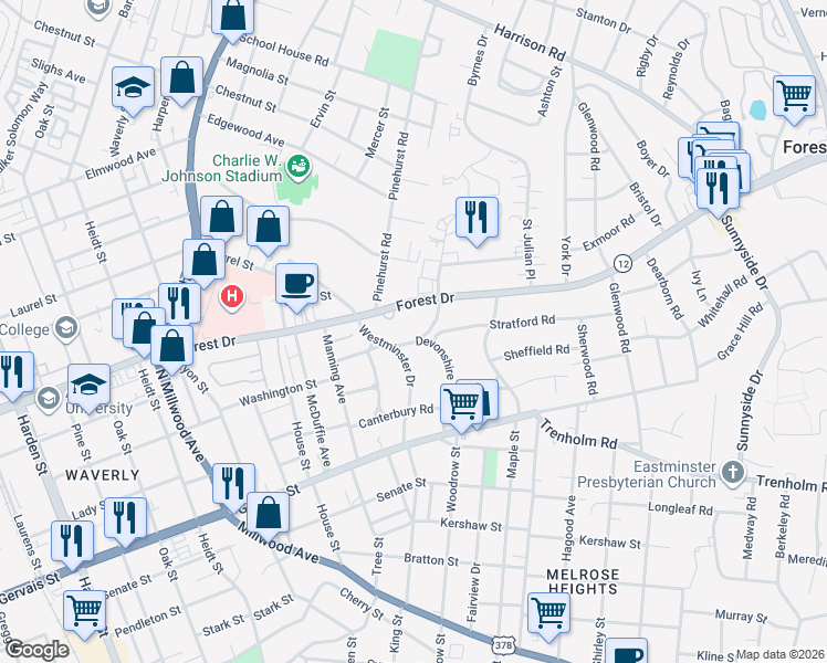 map of restaurants, bars, coffee shops, grocery stores, and more near 2640 Forest Drive in Columbia