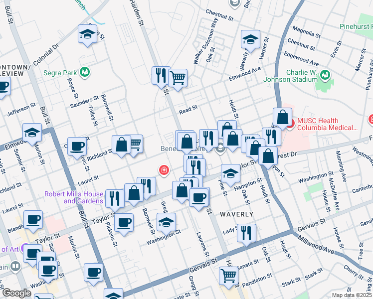 map of restaurants, bars, coffee shops, grocery stores, and more near in Columbia