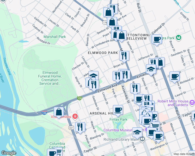 map of restaurants, bars, coffee shops, grocery stores, and more near 2222 Lincoln Street in Columbia