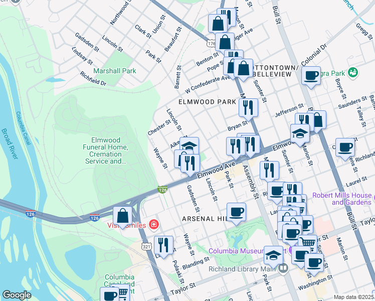 map of restaurants, bars, coffee shops, grocery stores, and more near 2222 Lincoln Street in Columbia