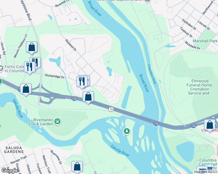 map of restaurants, bars, coffee shops, grocery stores, and more near 7 Skyland Court in Columbia