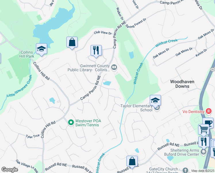 map of restaurants, bars, coffee shops, grocery stores, and more near 1887 Lake Ridge Terrace in Lawrenceville