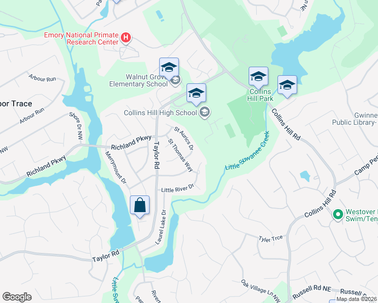map of restaurants, bars, coffee shops, grocery stores, and more near 111 Saint Aurics Drive in Suwanee