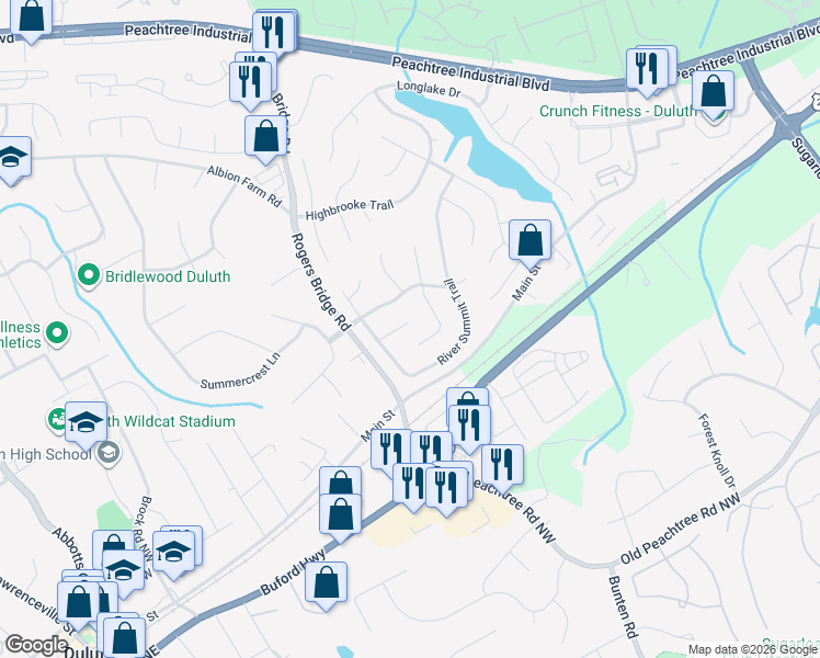map of restaurants, bars, coffee shops, grocery stores, and more near 2654 Timberbrooke Way in Duluth