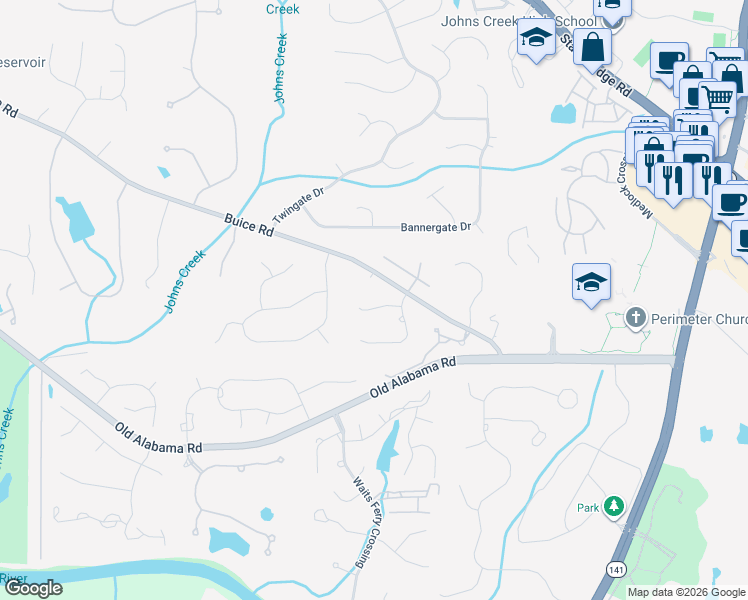 map of restaurants, bars, coffee shops, grocery stores, and more near 5265 Buice Road in Alpharetta