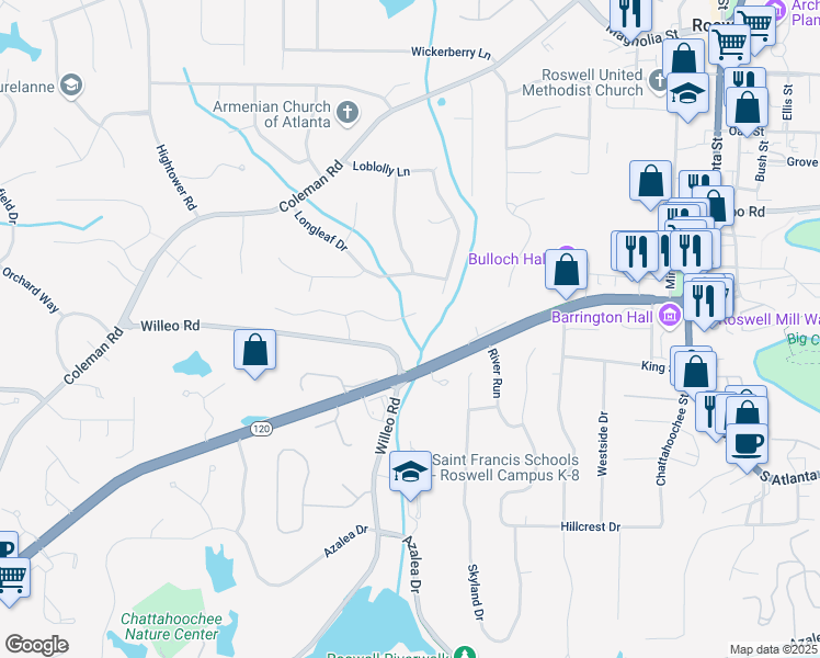 map of restaurants, bars, coffee shops, grocery stores, and more near 655 Huntwick Place in Roswell