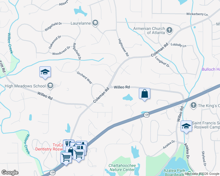 map of restaurants, bars, coffee shops, grocery stores, and more near 9490 Coleman Road in Roswell