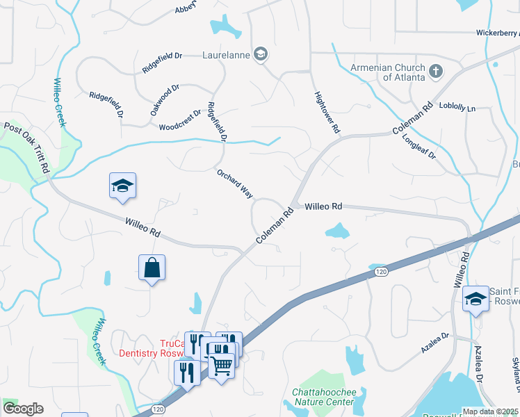 map of restaurants, bars, coffee shops, grocery stores, and more near 1045 North Point Drive in Roswell