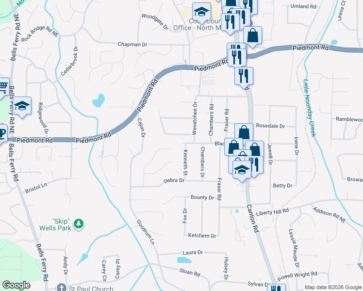 map of restaurants, bars, coffee shops, grocery stores, and more near 2533 Kenneth Street in Marietta