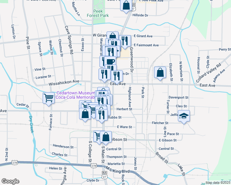 map of restaurants, bars, coffee shops, grocery stores, and more near 127 Philpot Street in Cedartown
