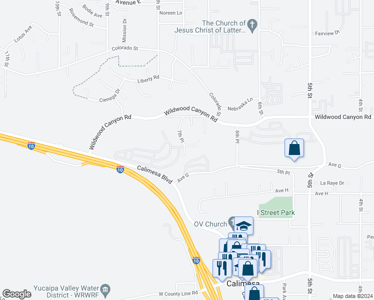 map of restaurants, bars, coffee shops, grocery stores, and more near 13239 7th Place in Yucaipa