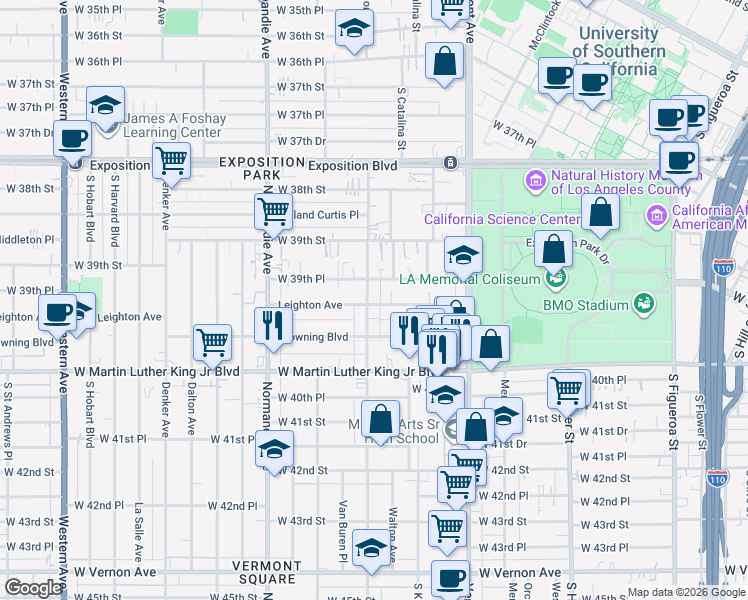 map of restaurants, bars, coffee shops, grocery stores, and more near 1135 Leighton Avenue in Los Angeles