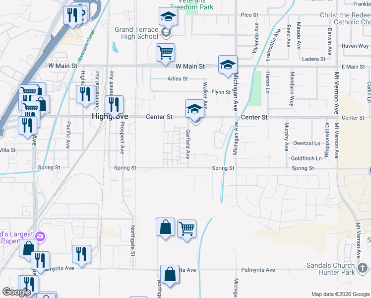 map of restaurants, bars, coffee shops, grocery stores, and more near 7342 Olive Grove Street in Riverside