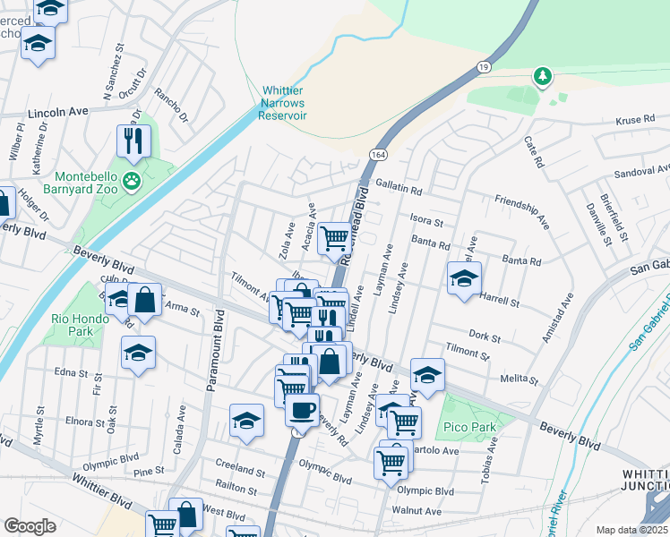 map of restaurants, bars, coffee shops, grocery stores, and more near 4137 Rosemead Boulevard in Pico Rivera