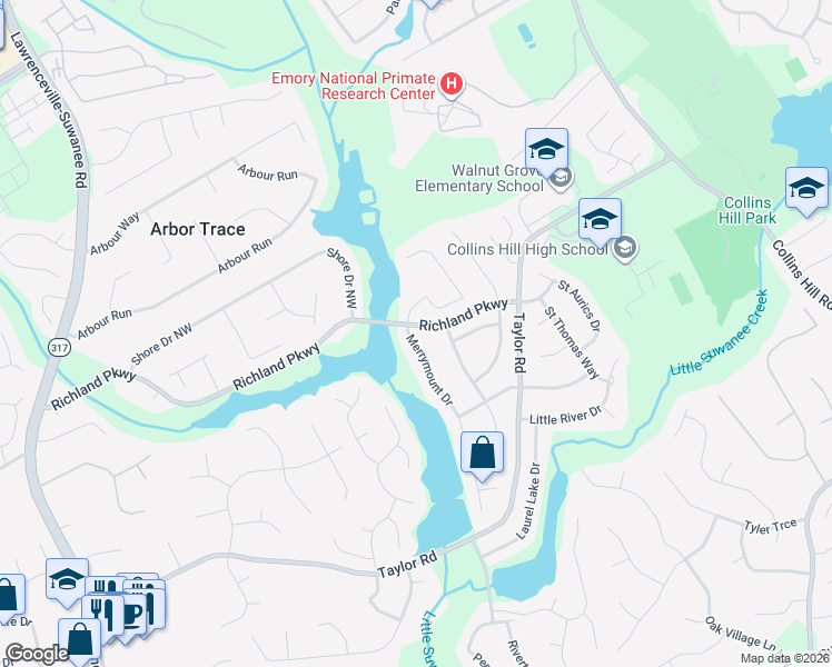 map of restaurants, bars, coffee shops, grocery stores, and more near 2387 Merrymount Drive in Suwanee