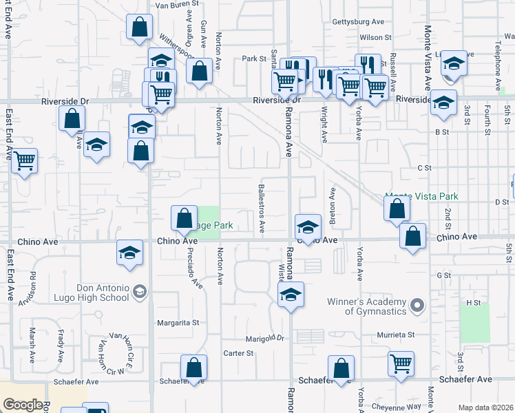 map of restaurants, bars, coffee shops, grocery stores, and more near 13202 Ballestros Avenue in Chino