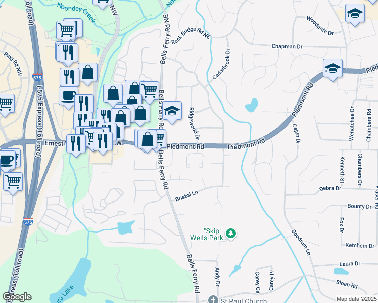 map of restaurants, bars, coffee shops, grocery stores, and more near 156 Kendrick Farm Lane in Marietta