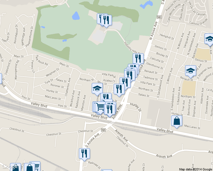 map of restaurants, bars, coffee shops, grocery stores, and more near 17300 Azalea Court in La Puente