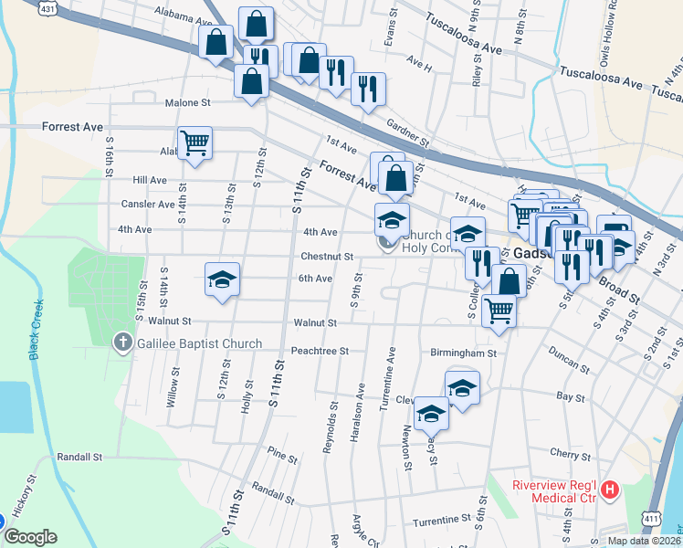 map of restaurants, bars, coffee shops, grocery stores, and more near 944 Chestnut Street in Gadsden