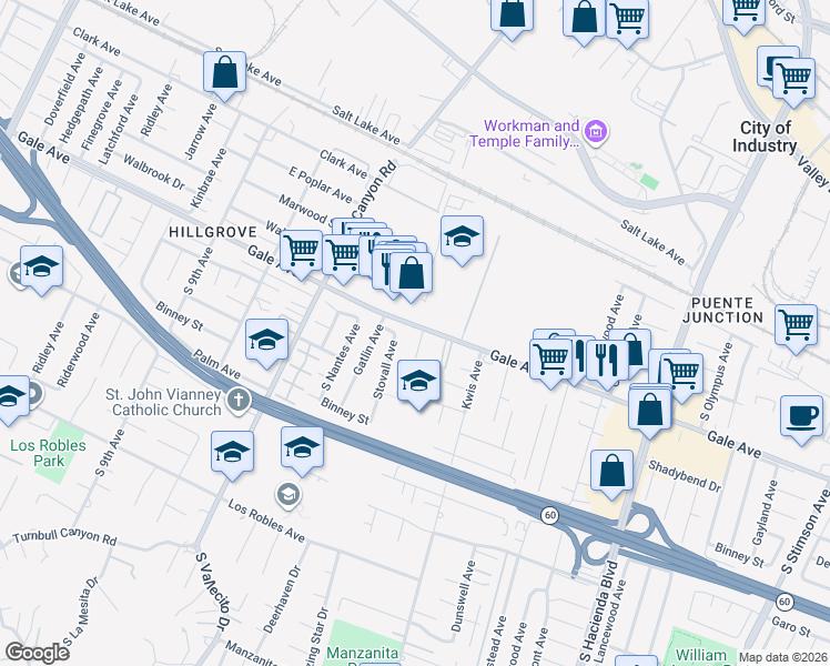 map of restaurants, bars, coffee shops, grocery stores, and more near 15350 Gale Avenue in Hacienda Heights