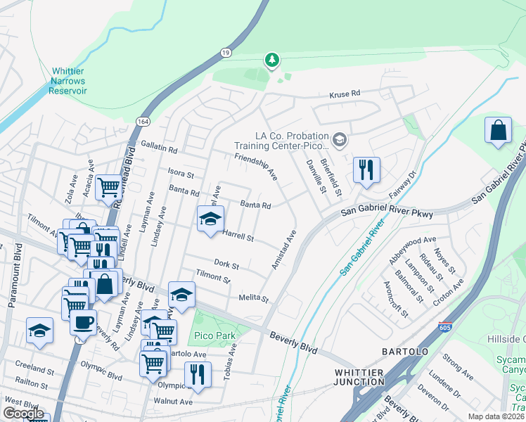 map of restaurants, bars, coffee shops, grocery stores, and more near 9485 Banta Road in Pico Rivera