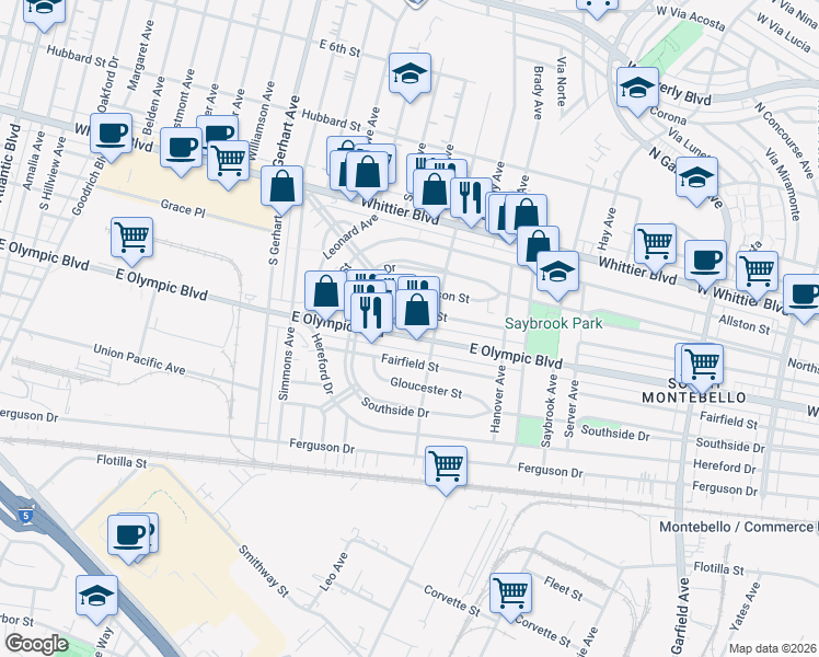 map of restaurants, bars, coffee shops, grocery stores, and more near 6071 East Easton Street in East Los Angeles