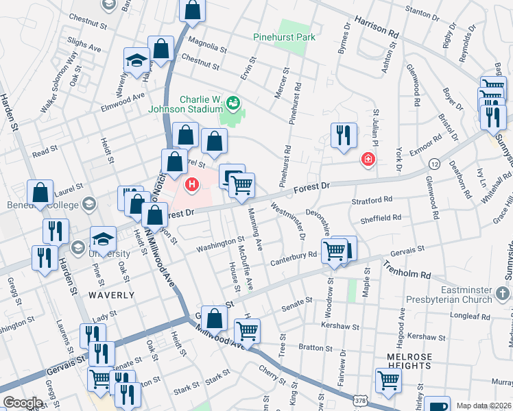 map of restaurants, bars, coffee shops, grocery stores, and more near 2551 Forest Drive in Columbia