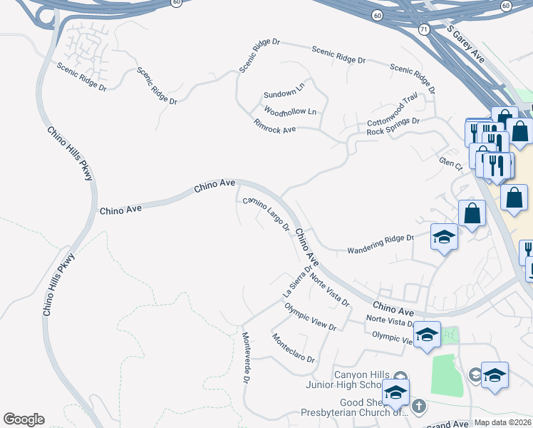 map of restaurants, bars, coffee shops, grocery stores, and more near 2155 Camino Largo Drive in Chino Hills