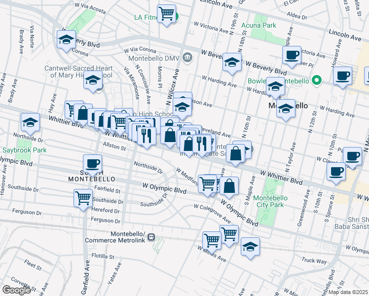 map of restaurants, bars, coffee shops, grocery stores, and more near West Whittier Boulevard in Montebello
