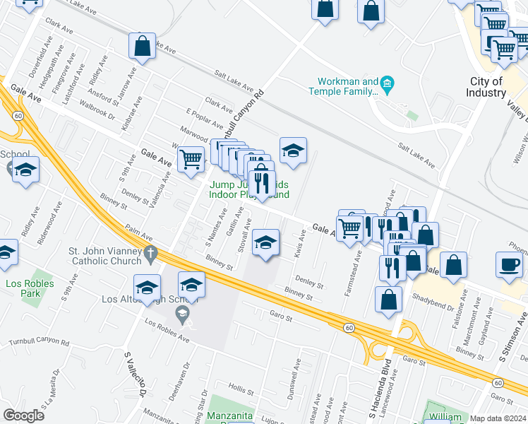 map of restaurants, bars, coffee shops, grocery stores, and more near 15350 Gale Avenue in Hacienda Heights