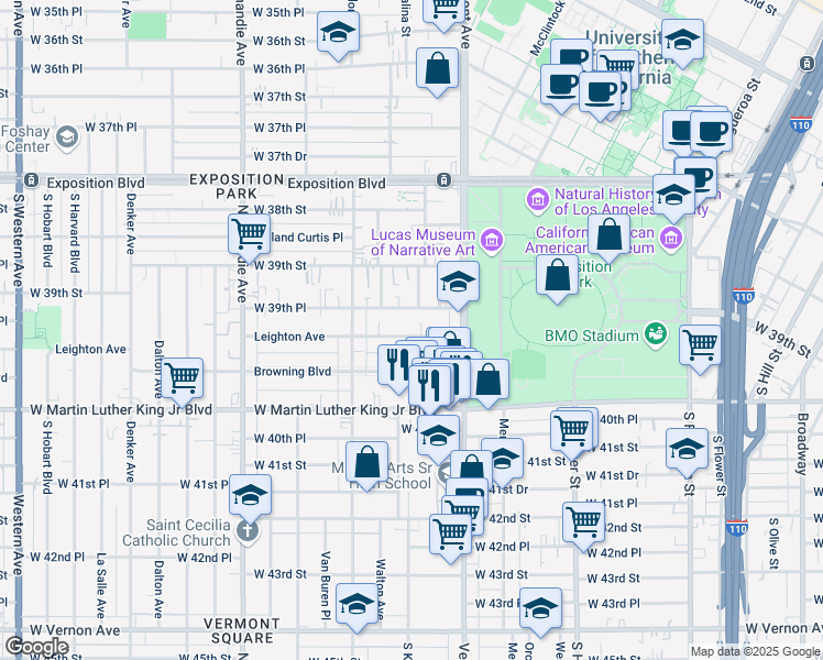 map of restaurants, bars, coffee shops, grocery stores, and more near 1067 Leighton Avenue in Los Angeles